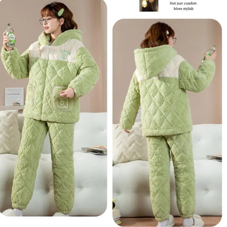 2023 Couple's Pajamas Autumn Winter Women's Coral Fleece Triple Layer Cotton Loungewear Fleece Thick Flannel Men's Warm Homewear