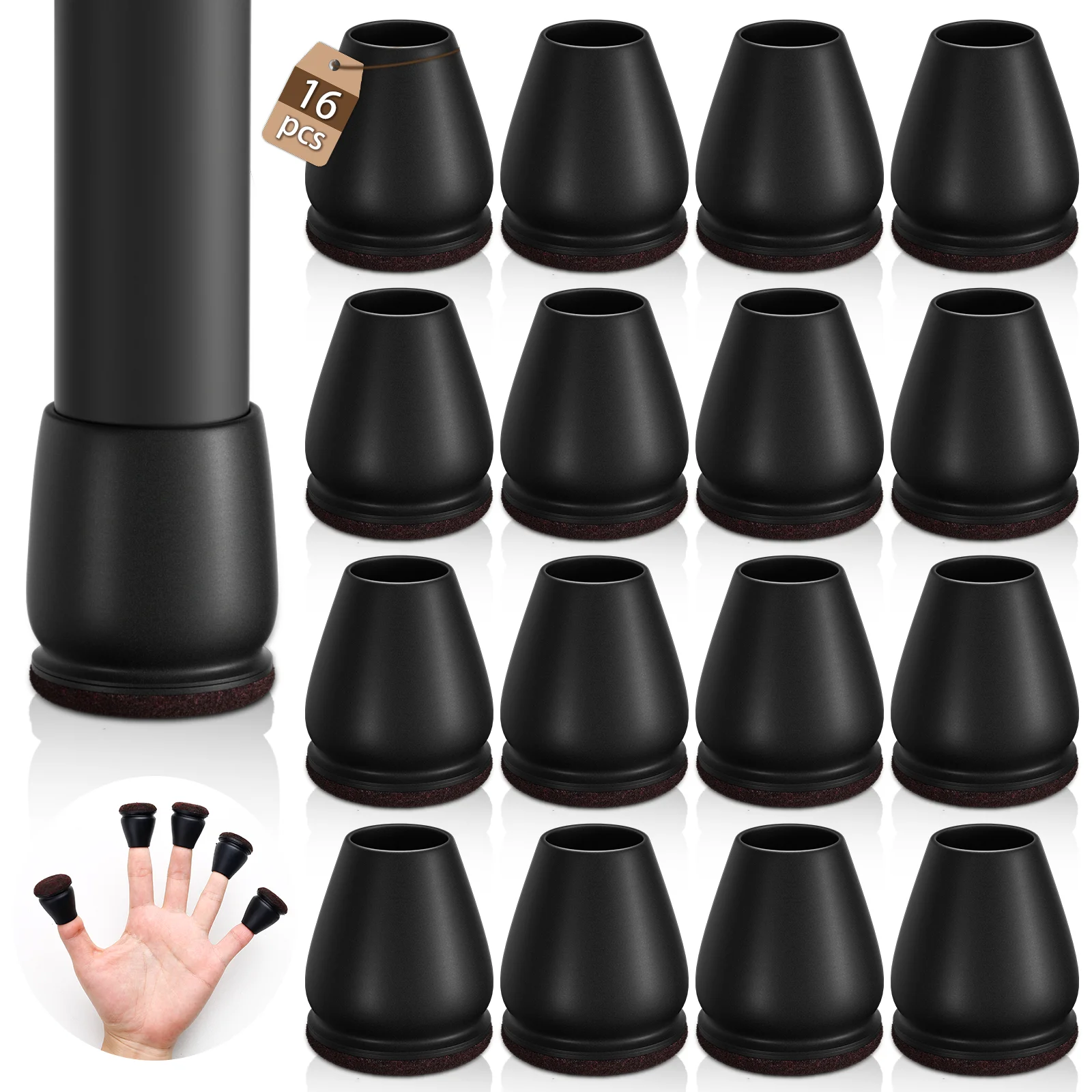 16PCS Black Silicone Chair Leg Protectors with Thick Felt Pads