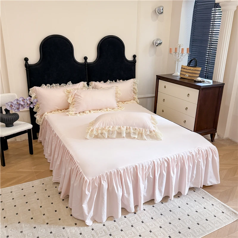 4Pcs Princess Wedding Bedding Set Korean Style Lace Flowers Embroidery Duvet Cover Bed Sheet/Fitted Sheet/Bed Skirt Pillowcases 6