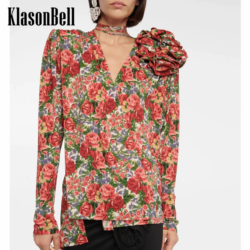 

12.14 KlasonBell elegant and youth woman blouses 2024 Spring in 3D Flower Decoration Women shirts V-neck Print long sleeved top