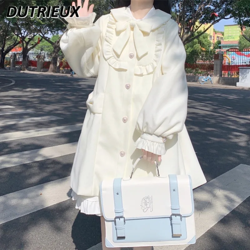 

Japanese Sweet Cute Doll Collar Mid-Length Woolen Coat for Women Autumn and Winter 2023 New Thicken Single-Breasted Woolen Coat