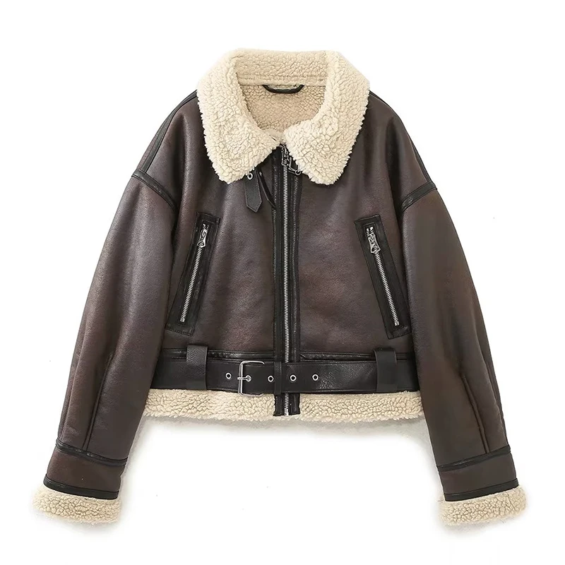 

YENKYE Double-sided Short Jacket Women Long Sleeve With Belt Female Faux Shearling Winter Warm Coat