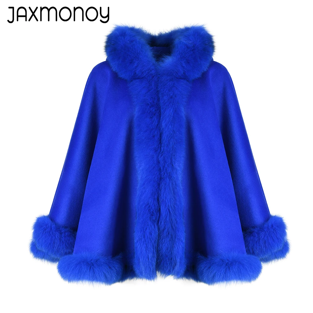 

Jaxmonoy Women's Wool Blend Coat Real Fox Fur Trim Fashion Solid Color Cashmere Cloak Ladies Autumn Winter Luxury Fur Outerwear