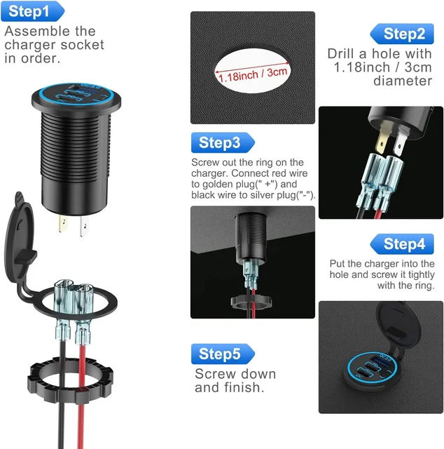 12V Dual USB Dual PD Type-C Car Fast Charger with Switch Waterproof Power Adapter Socket Outlet for Car Boat Truck Motorcycle 5