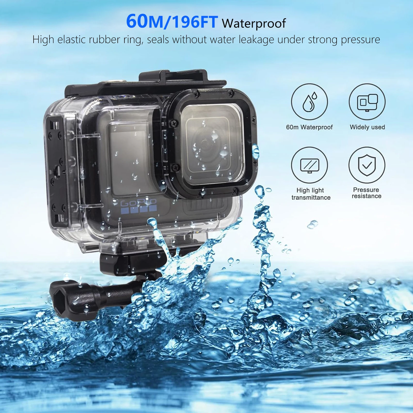 Boîtier étanche 60m pour GoPro Hero 13/12/11/10/9 - Coque de protection en acier inoxydable, vue arrière avec le système de fixation