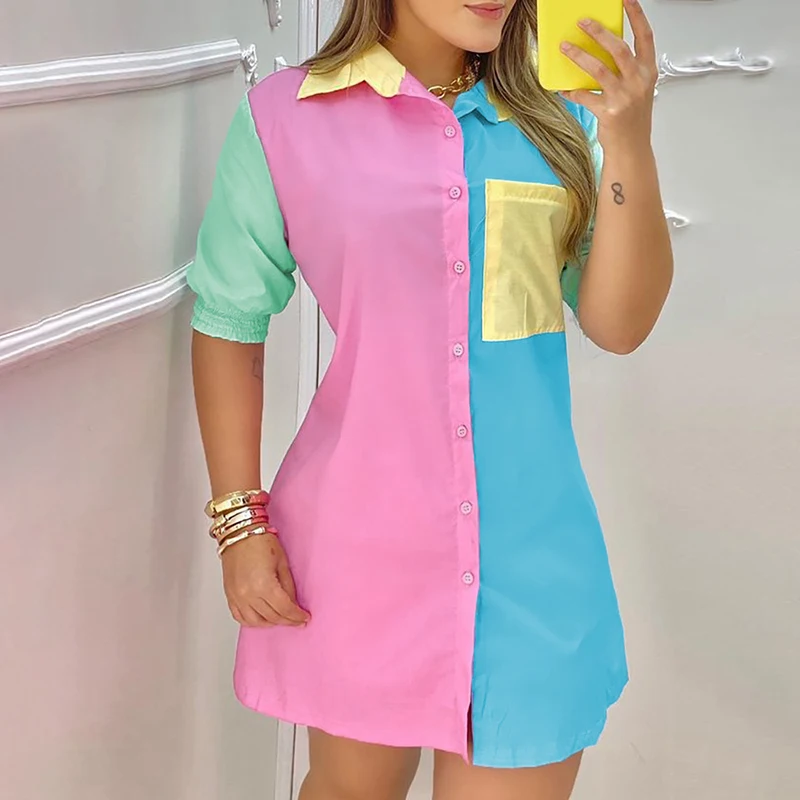 

2021 Women Fashion Color Block Shirt Lady Long Sleeve Blouse Turn Down Collar Pocket Button Design Casual Tops