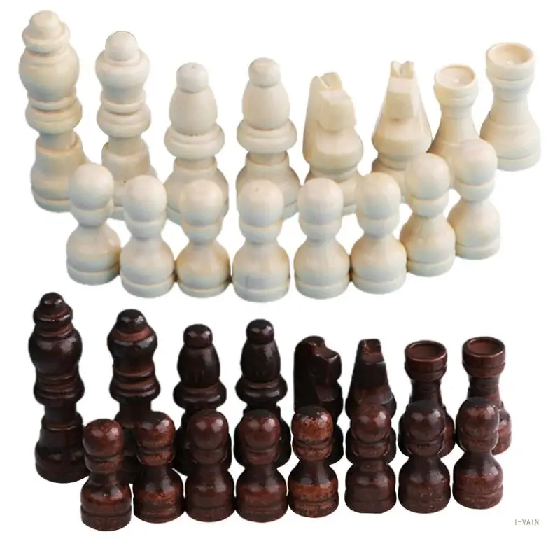 M5TC 32 Pcs Wooden International Chess Pieces Hand Carved Chess Game Pawns Figurine Pieces Board Accessories Durable