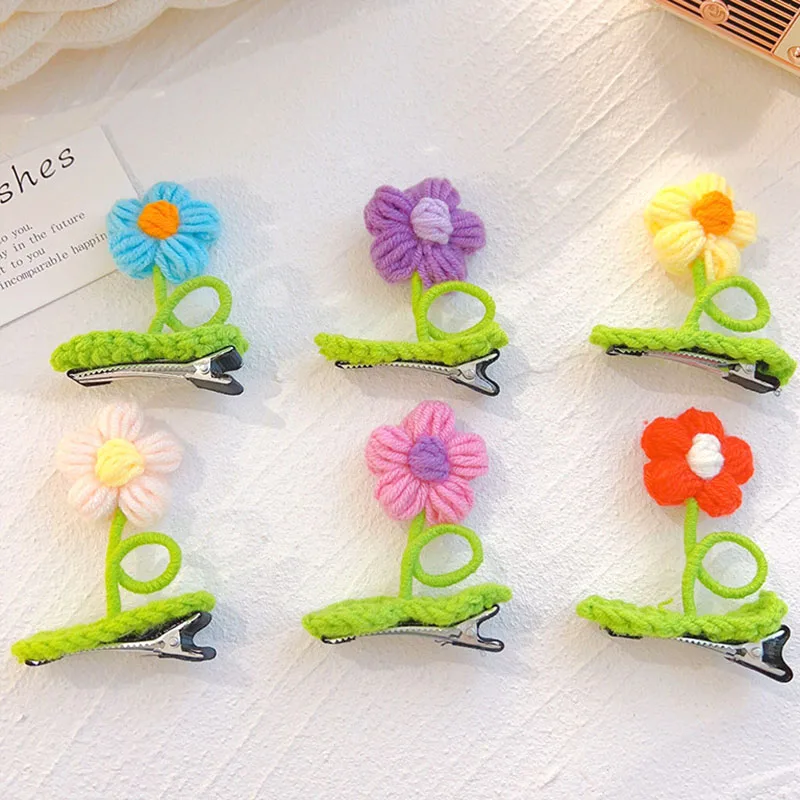 Children Flower Hair Clips Handmade Knitting Wool Hairpin Alligator Clips for Girls Sweet Barrettes Kids Headwear Accessories