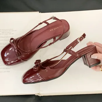 High Quality Bow Belt Buckle Women Sandals Round Toe Narrow Band Square Heel Mary Jane Shoes Fashion Comfortable Slide Sandals