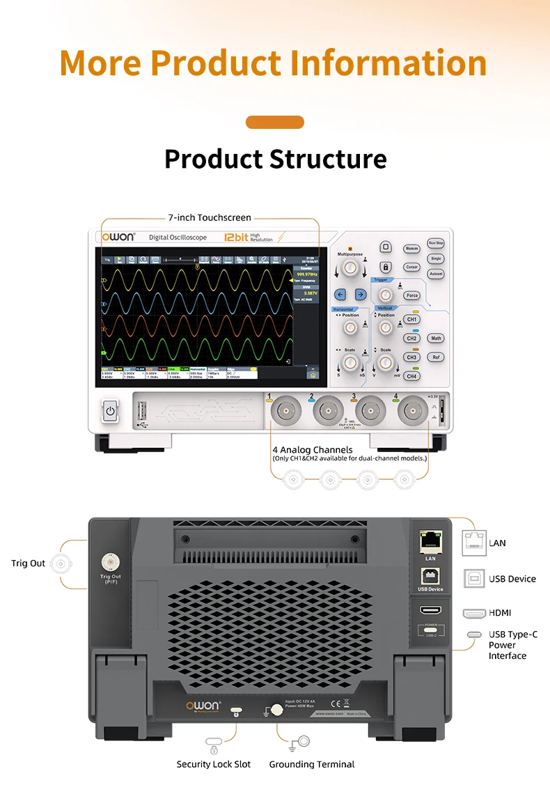 【 ADS800A】Portable Digital Oscilloscope 100MHz Bandwidth 1GSa/s 7" TFT-LCD Stora