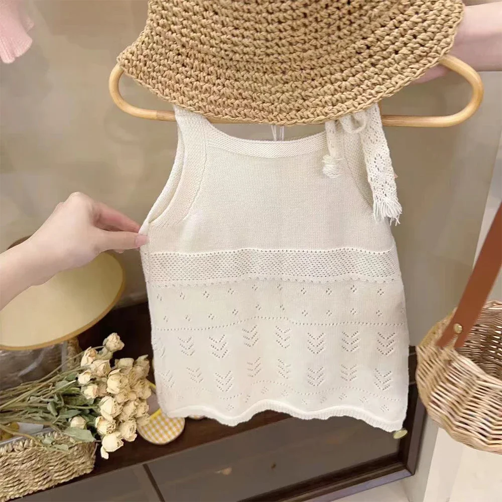 Summer New 2-7Years Girls Round Neck Knitted Flower Embroidered Hollow Out Tank Top Dress Children's Fashion Casual Clothes