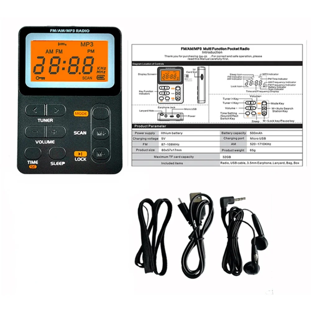 Sh-01 Radio Ricaricabile Eccellente Ricezione Radio Tascabile Am Fm Lettore Mp3 Sveglia Visualizzazione Dell'Ora Per La Corsa Senior A Piedi