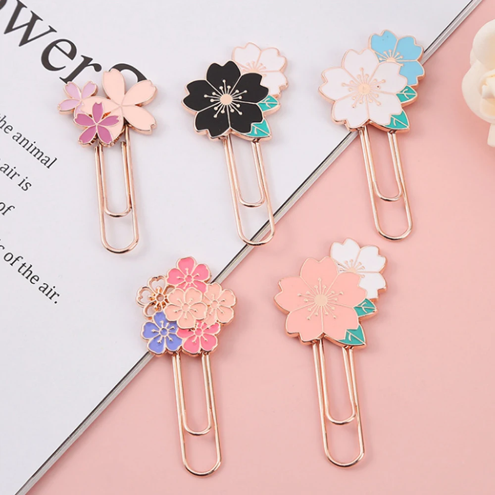 1pc pink Sakura Flowers Metal Bookmark Exquisite Cherry Blossom Paper Clip
