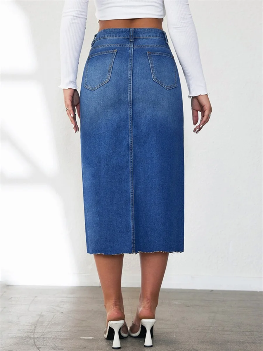 Women s High Waist A-Line Denim Skirt with Button Front Closure and Side Pockets Vintage Washed Jean Midi Skirt Casual Long