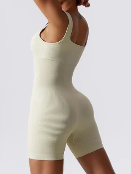 Women's sexy threaded yoga suit jumpsuit sleeveless high elasticity quick drying breathable jumpsuit shorts push up sportswear 1
