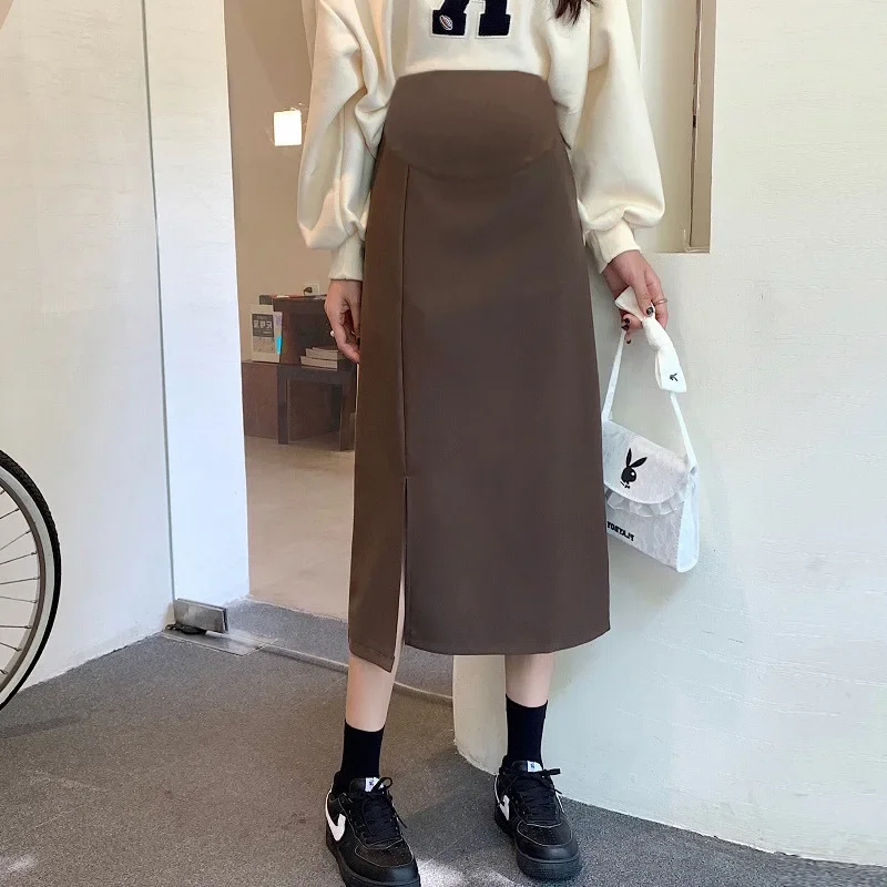 Maternity High Waist Slimming Knitted Woolen Mini Skirt A- Line Split Autumn Winter for Pregnant Women