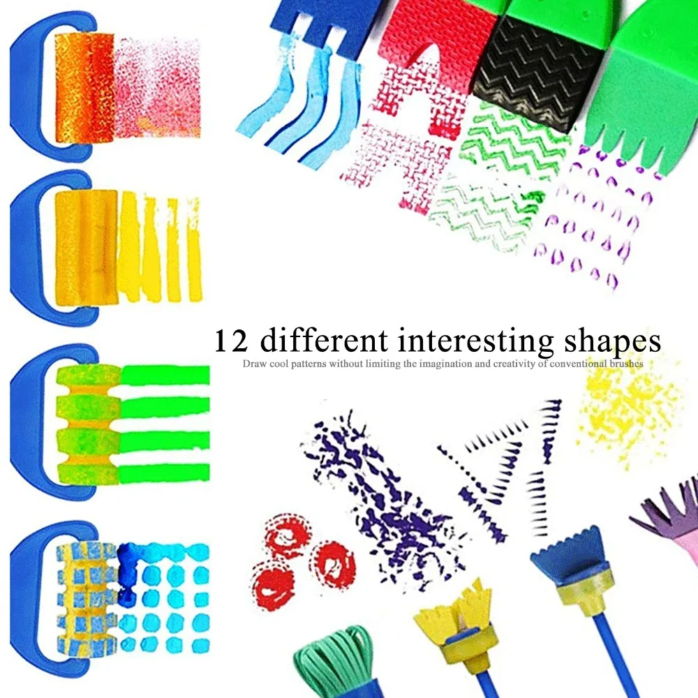 12PCS EVA 폼으로 만든 페인팅 스폰지 브러쉬 부드러운 질감 멀티 패턴 모듬 DIY 드로잉 도구 롤러 및 스탬프 콤보