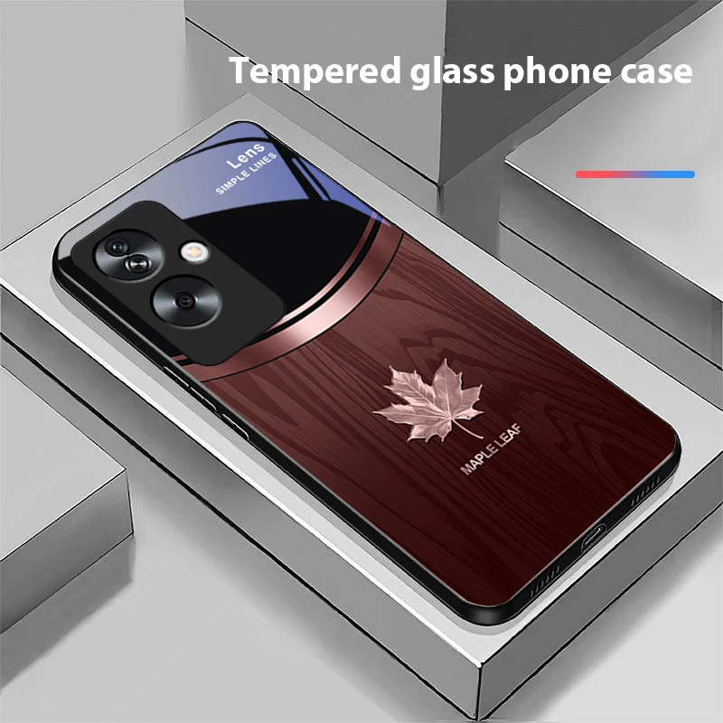 Wood Grain Maple Leaf Tempered Glass Black Phone Case