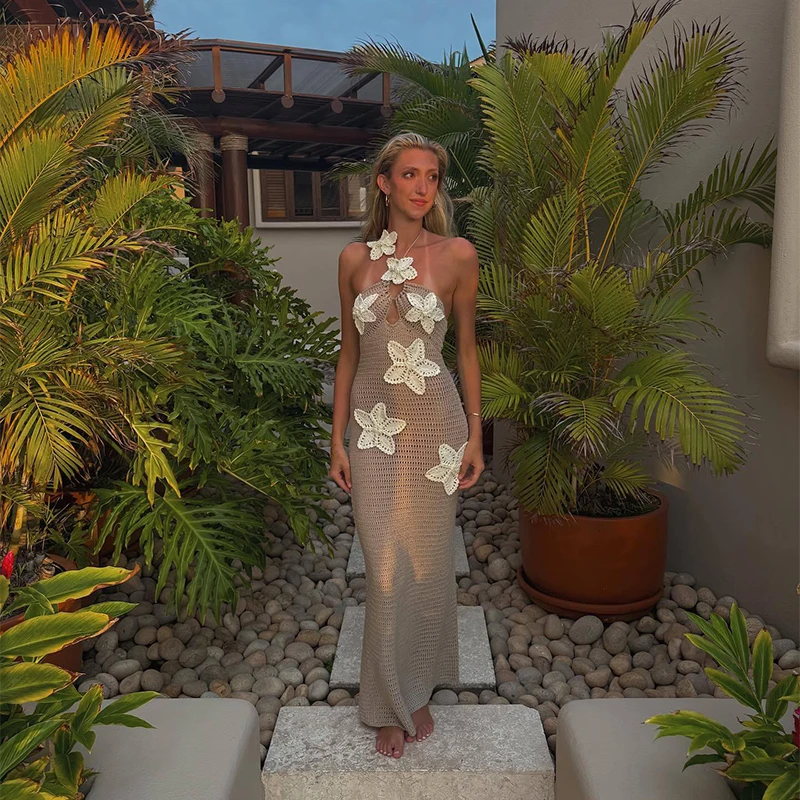 Sexy Knitted Flower Long Dress Women Hollow Halter Sleeveless Maxi Dresses Female Summer Fashion Vacation beach Vestidos