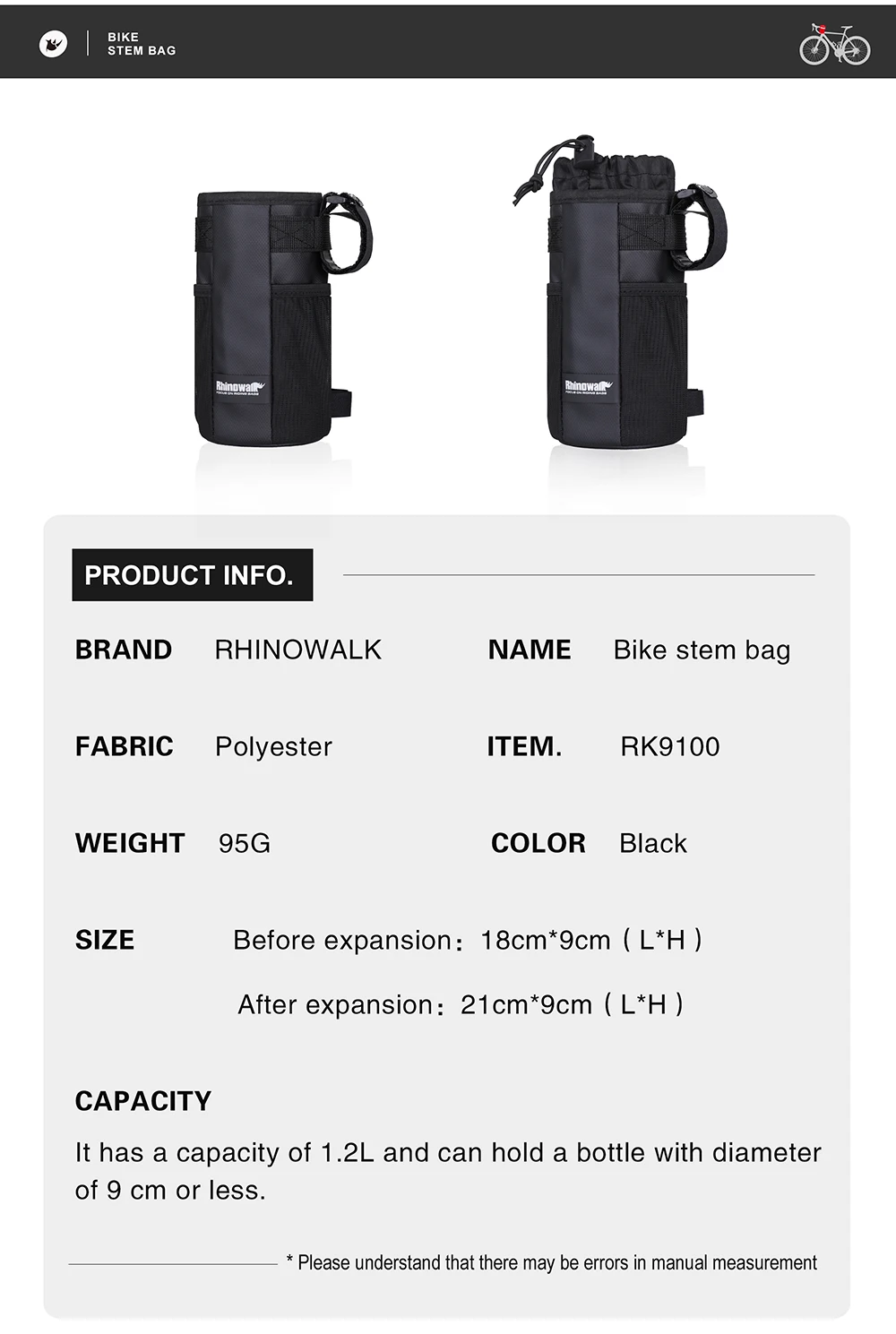 Rhino walk fahrrad flaschen halter fahrrad wasser flaschen träger beutel isolierter kessel mtb rennrad lenker tasche zubehör – Detail 12