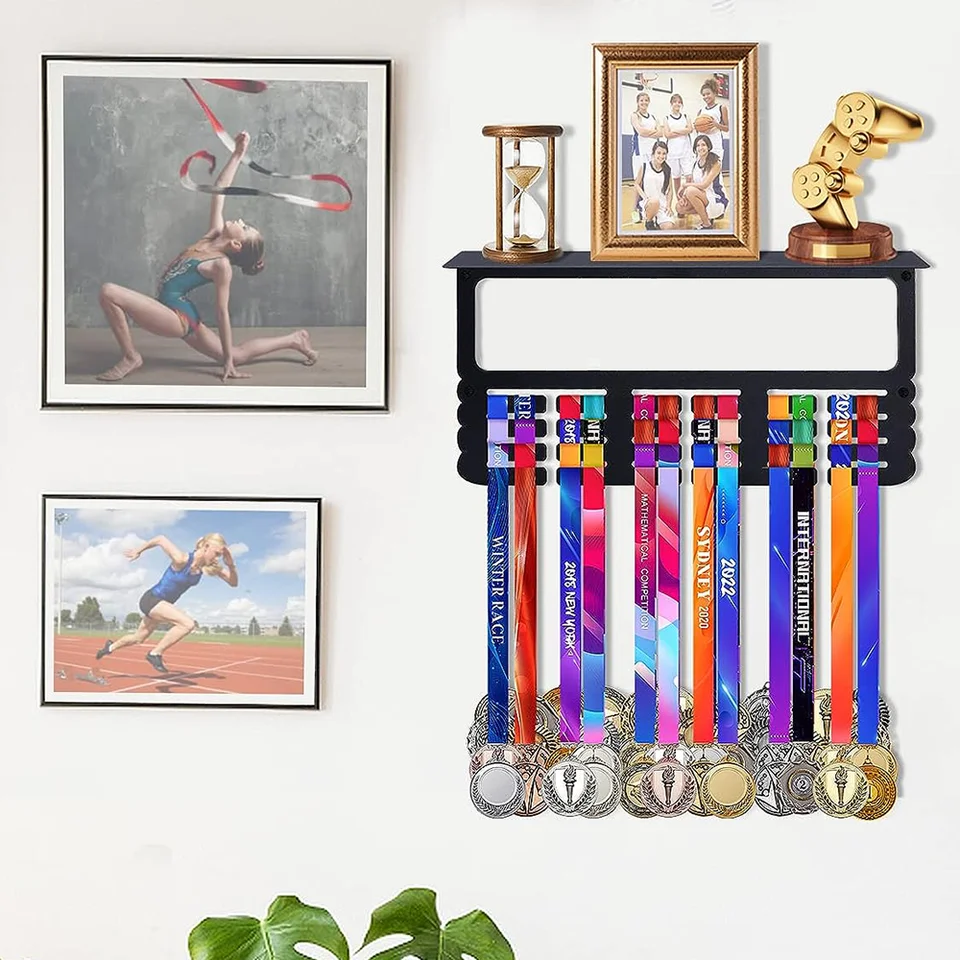 Étagère De Trophée De Cintre De Médaille En Bois, Présentoir De Médaille De Course Mural Avec étagère De Rangement à 2 Niveaux, Support De Trophée 19 Barres De Suspension