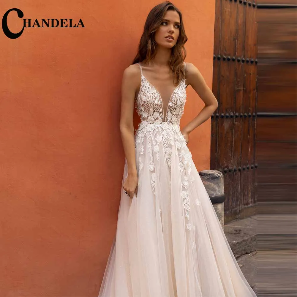 

CHANDELA Chic Wedding Dresses Scoop Spaghetti Straps Pleat A-Line Appliques Bridal Gown Robe De Mariée For Women Custom Made