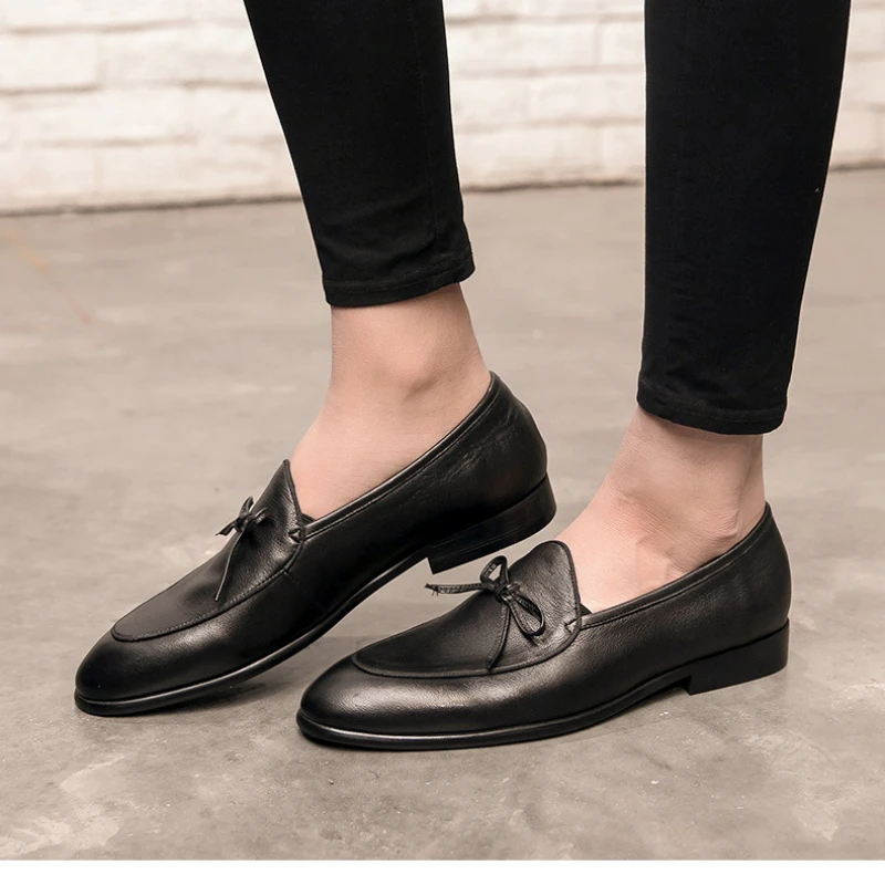 Genuine Leather Men Loafers Handmade Square Toe Butterfly-knot  Solid Handmade  Zapatos De Vestir Hombre 5