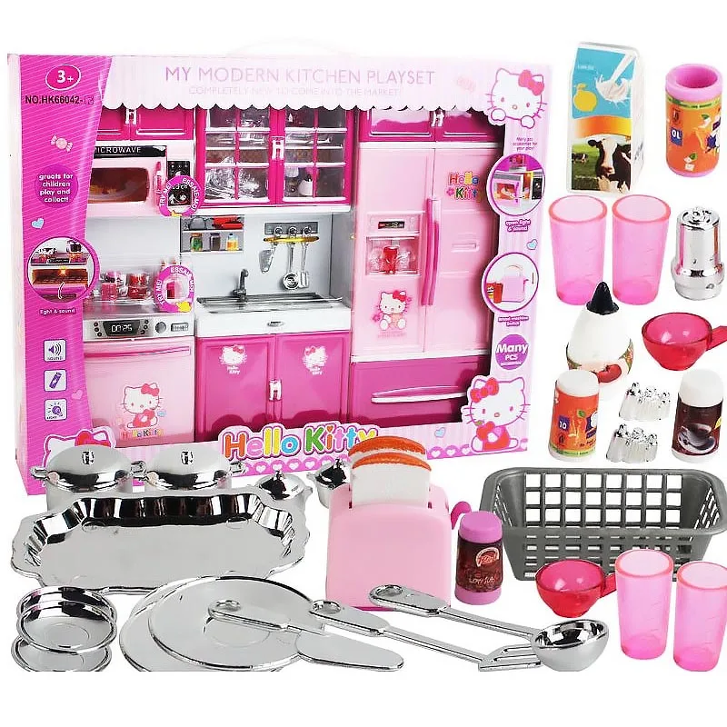 

Kawaii Hello Kitty Mini Kitchen Suit Simulation Kitchen Cabinets Set Children Pretend Play Cooking Tools Kids Role Playing Toy