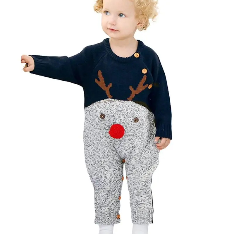 Merry Christmas Baby Boy Clothes Knitted Baby Cartoon Sweater Reindeer Jumpsuit Baby Boy Christmas Outfit Button Closure Warm kids jumpsuit cosplay costume shark stage clothing fancy dress halloween christmas props onesies for adults jumpsuit