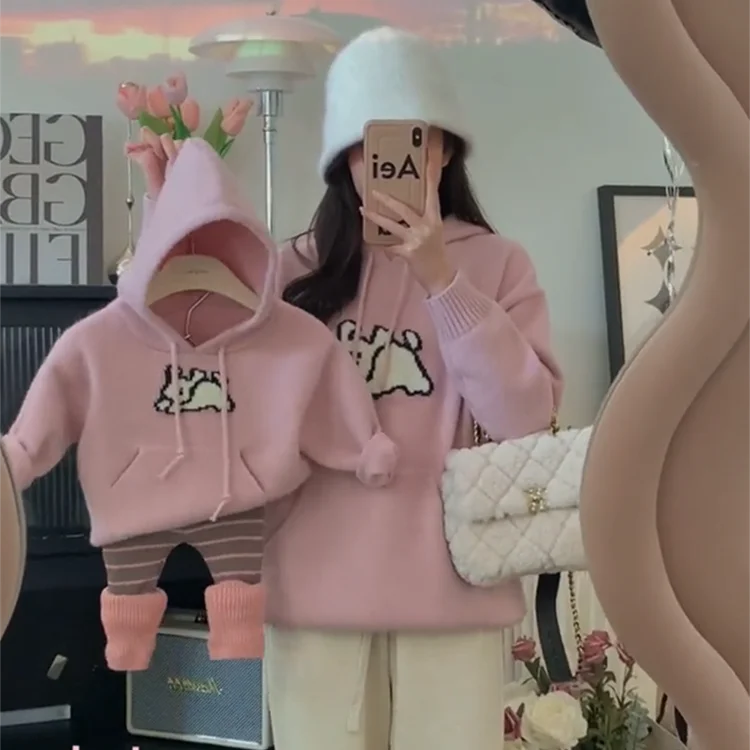 

Mother Daughter Sweater Mom And Son Clothing Korea Children Knitted Clothes Women's Winter Sweaters Boy Girl Hooded Knit Jumper