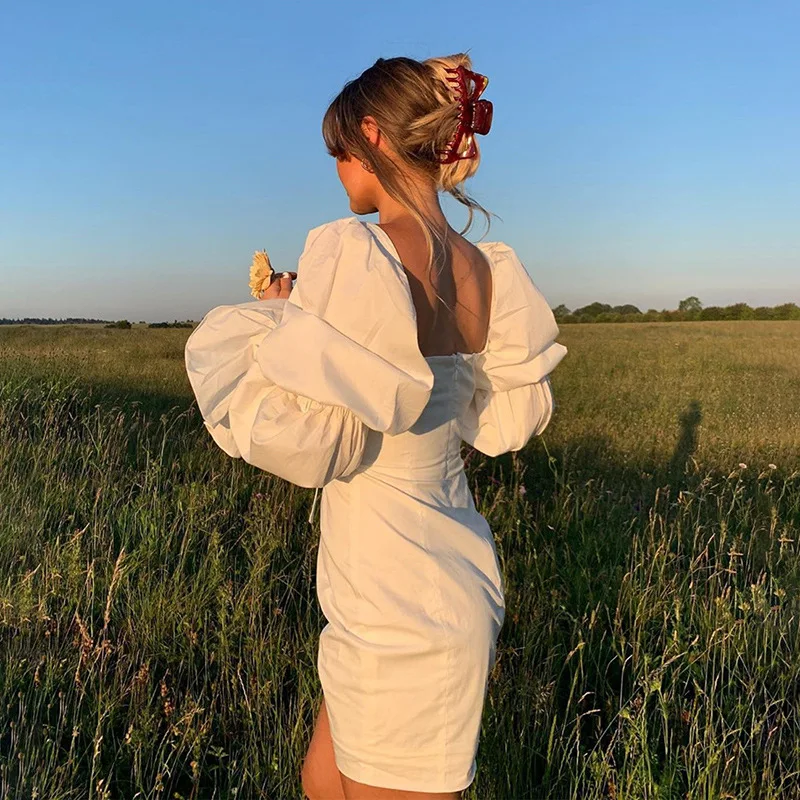 

Винтажное мини-платье Cottagecore, элегантное пикантное Бандажное платье с длинными рукавами-фонариками и открытой спиной для женщин, облегающие Женские платья, уличная одежда