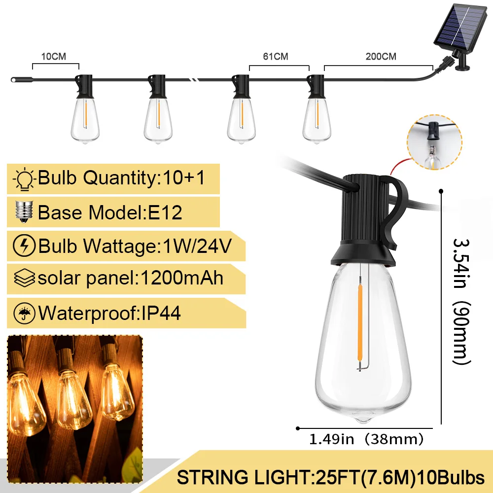 10M 18M 30M מחרוזת אור סולארית ST38 נורת פילמנט LED 24V עמידה בשבר סולארית פסטון גרלנד לקישוט גינה ומסיבת פטיו