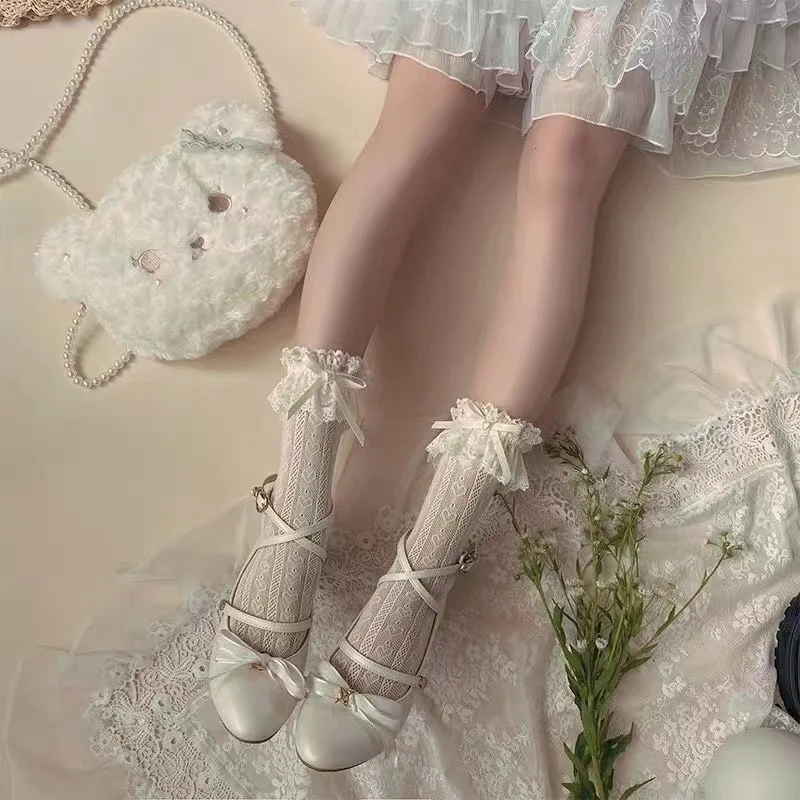 Women's Summer Spring Cotton Socks Thin White Lolita Lace Stocking Black Jk Bow Sweet Mid-leg Calf Socks Sweet Style Girls Gift 3