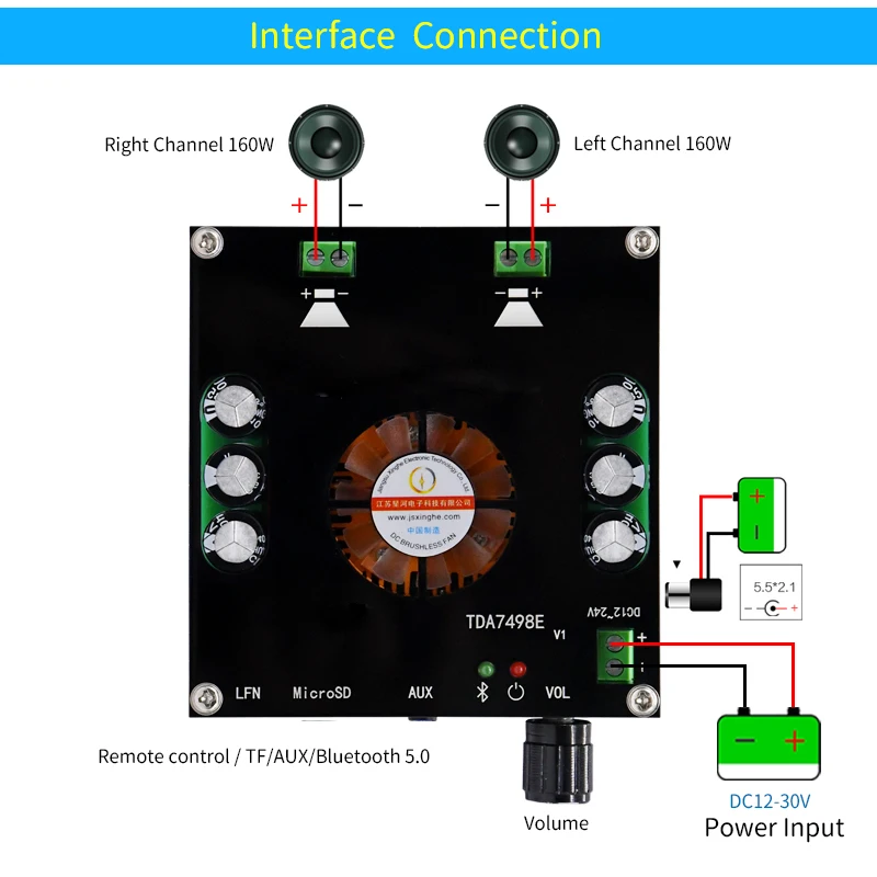 Unisian-placa de Amplificador de Potência Bluetooth Tda7498e 2x160w 2.0 Canais Amp Digital Classe d Aux tf Bt5.0 Xh-a126 - Image 4