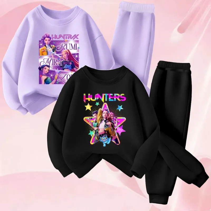 Ensemble de sweat-shirts à col rond pour filles, imprimé dessin animé KPOP, printemps-automne, sweat-shirt et pantalon de survêtement pour enfants, ensemble 2 pièces, ensemble décontracté pour enfants