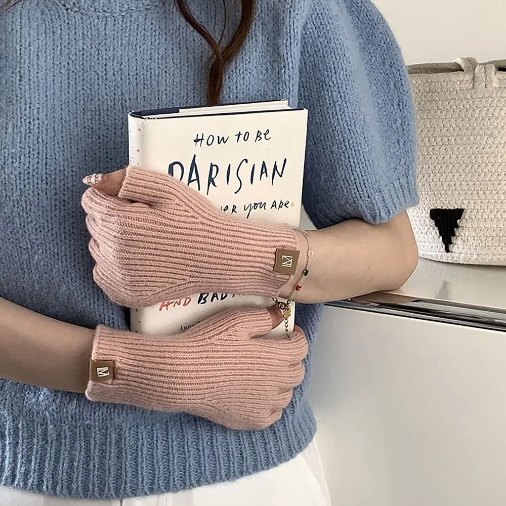 두꺼운 여성용 겨울 장갑, 반 손가락, 한국 스타일 장갑, 니트 울 핸드 워머, 따뜻한 겨울 패션