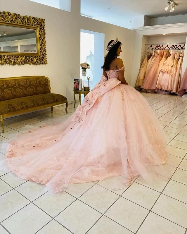 Quinceanera Dresses ANGELSBRIDEP Pink Bow Quinceanera Dresses Off Shoulder Floral Beading Lace Vestidos De 15 Anos Formal Party Prom Dresses Corset