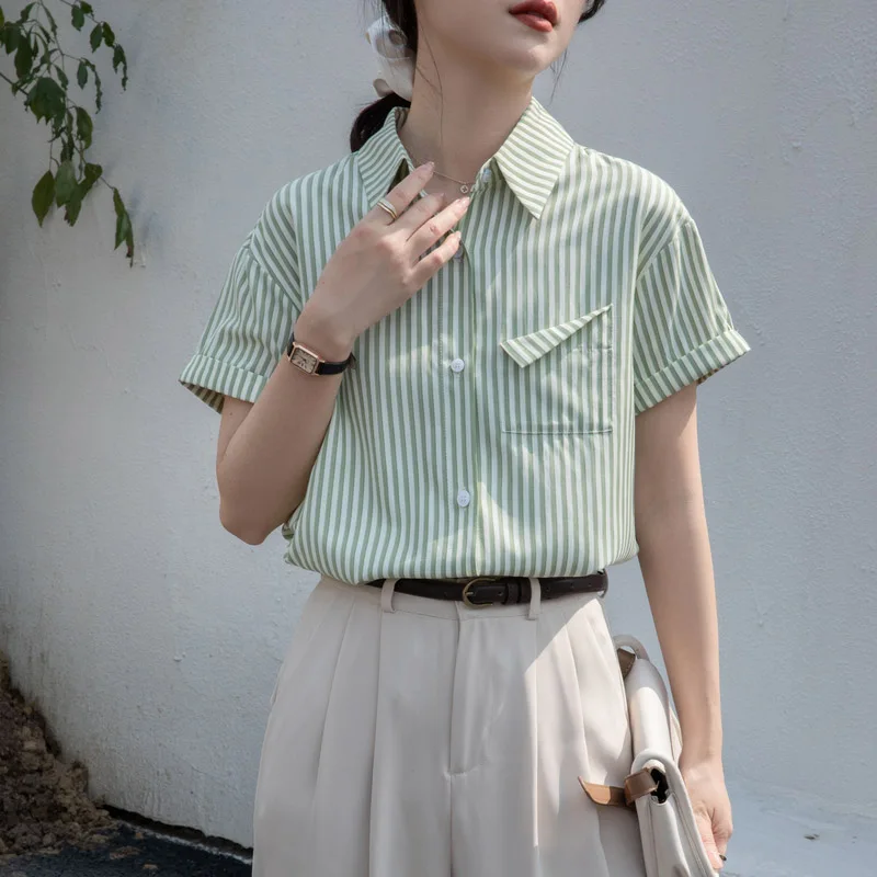 

Women Clothing Chic Pockets Striped Chiffon Shirts Summer Short Sleeve Casual Loose Comfortable Blouses Fashion Vintage Tops