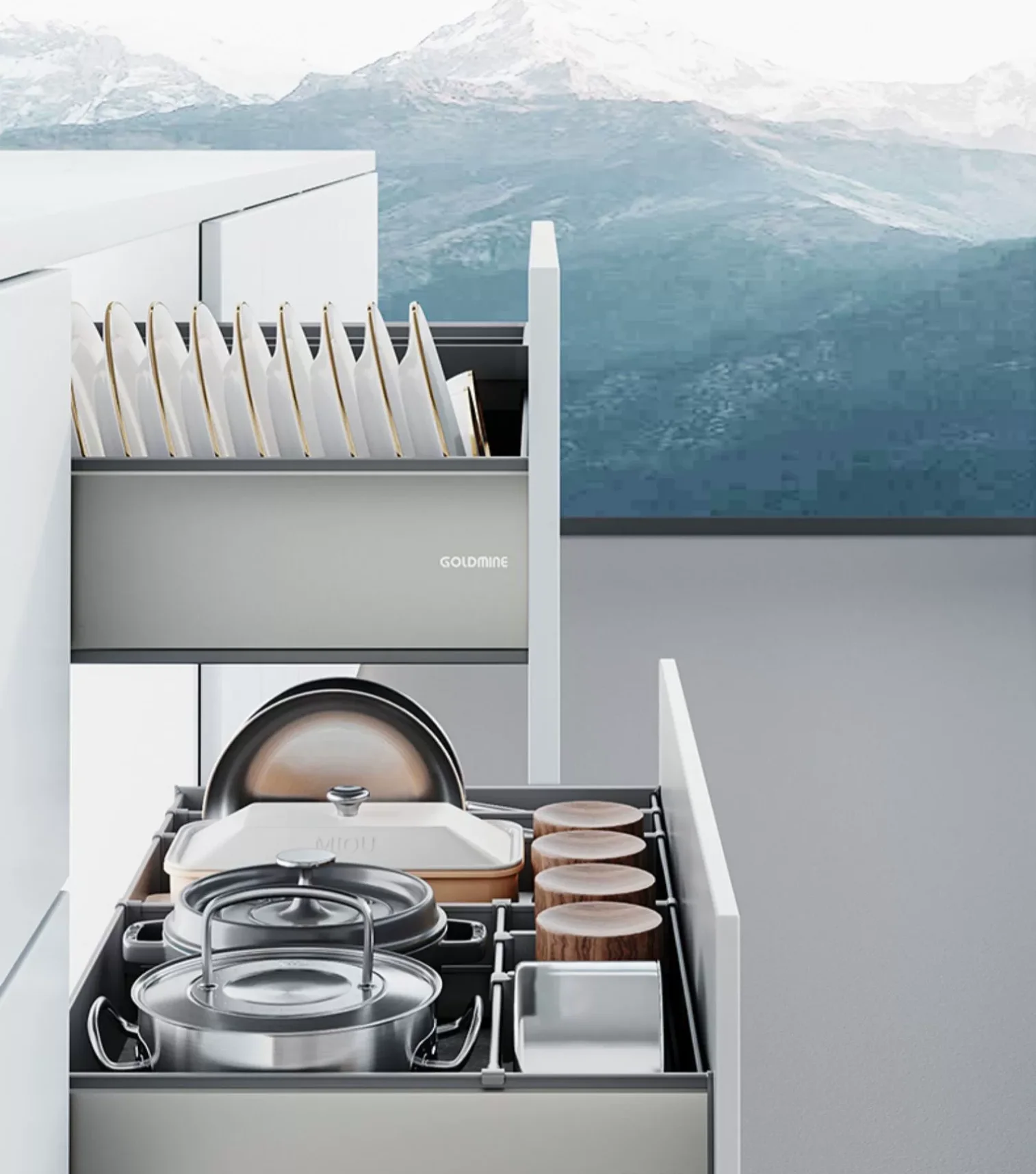 Goldmine Aurora 2-drawers Combination Cabinet Pullout Organizers Soft Close Pullout Baskets Dishes Pots Cabinet Storage Drawers