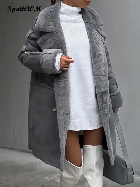 Женская длинная замшевая куртка с мехом, повседневное плюшевое пальто с длинным рукавом и отложным воротником, модная двубортная теплая верхняя одежда, осень-зима 1