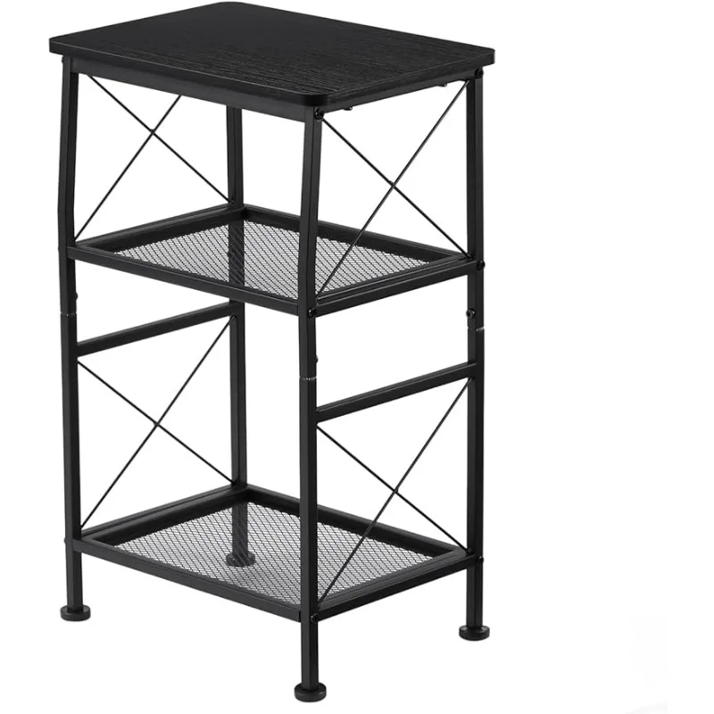 

3-Tier Narrow Side Table with Steel Grid Storage Shelves,Slim Nightstand X-Design Sofa Side Table Small Bookshelf