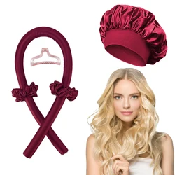 Satin Heatless Curling Set: Soft Curlers & Sleeping Bonnet for Effortless Waves (Wine Red with cap)