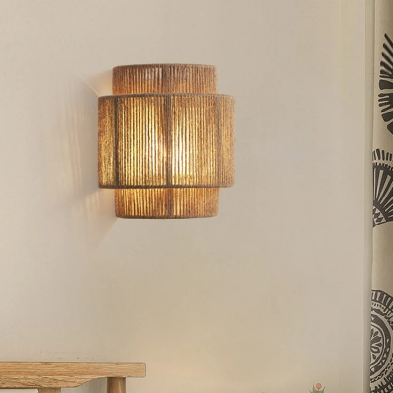 Tigmi Raffia Wall Lamp rustic linen lamp Bedroom Bedside Lights Dining Room Living Room Aisle Japanese home indoor Light 5