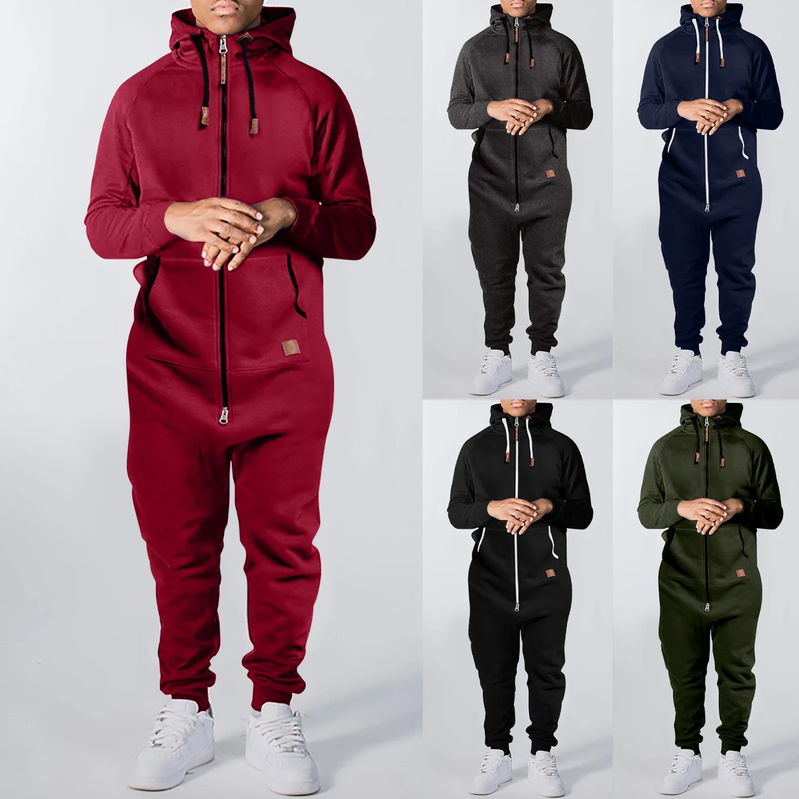 Men Solid Color jumpsuit Pure Color bodysuit Splicing Romper Autumn Winter Playsuit Casual hooded Zipper onesie black Sportswear