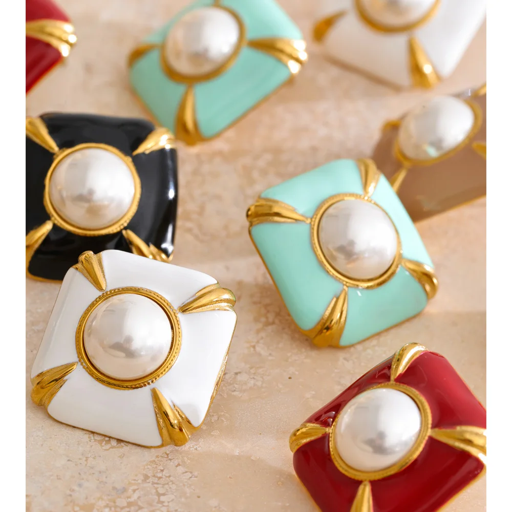 Yhpup Multi-Color Enamel Simulated Pearls Square Stud Earrings