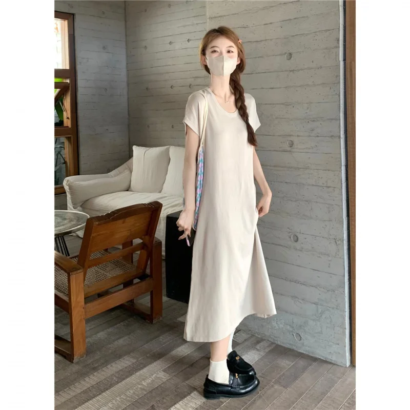 Comfortable U-neck Lazy casual knit dress Women's temperament short sleeved long skirt