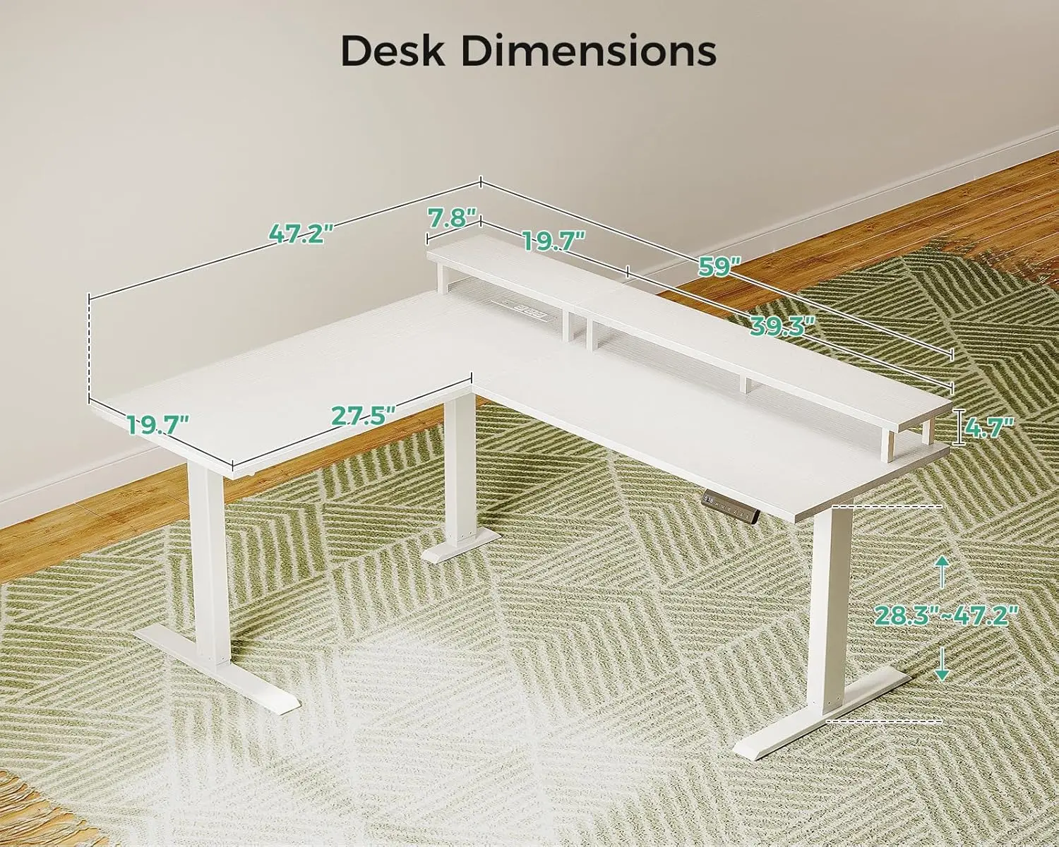 Electric L-Shaped Desk, 59" Height Adjustable, Monitor Stand, Power Outlets. For Home/Office, White