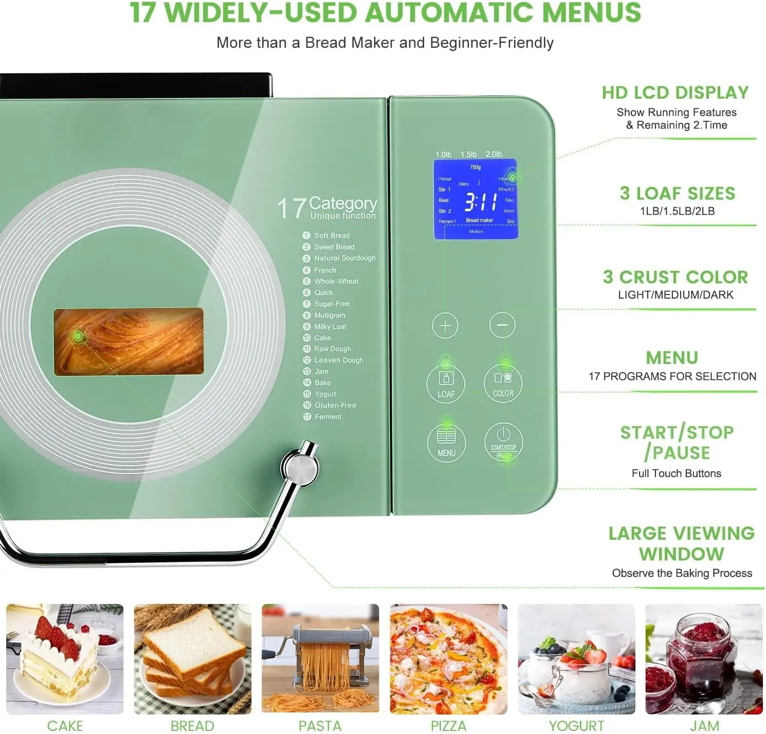 Bread Maker Machine with Dual Heaters, 17-in-1 Bread Machine With Die-Cast Ceramic Pan & Auto Fruit Dispenser, Full Stainless St 2