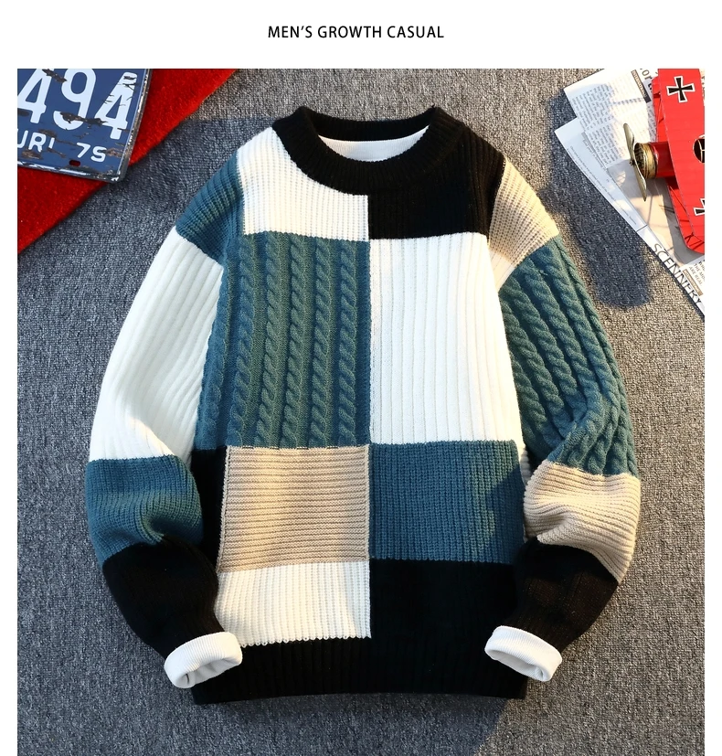 Men's Knit Sweater - Autumn Winter Plaid Patchwork Pullover | Thick Round Neck Casual