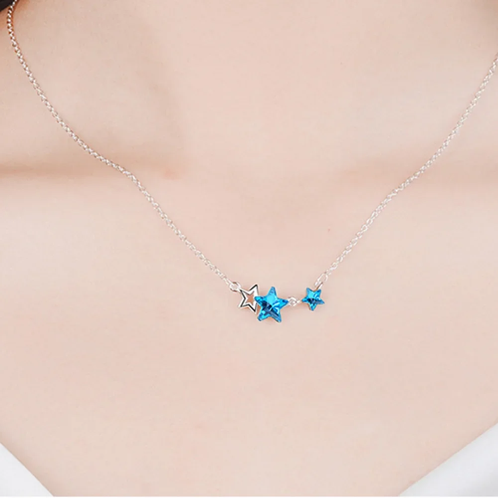 925 Sterling Silver Jewelry Set Women Accessories Blue Star Crystal Stud Earrings Wedding Necklaces Fashion Party Girl